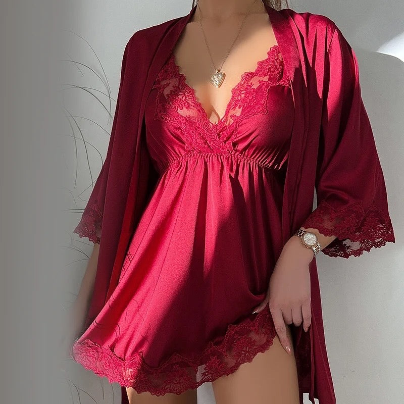Basic Lingerie Satin Silk Two Piece Lingerie Suit