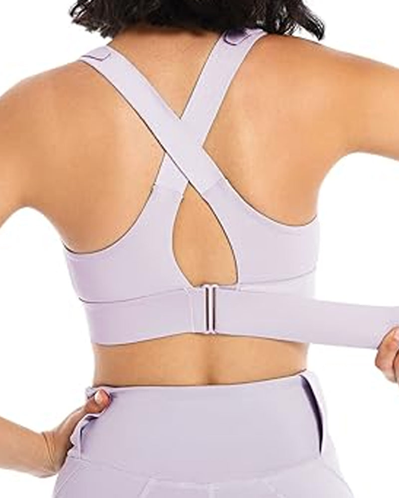 Women's Zipper Front High-Strength Support Adjustable Straps Cross Back Short Fitness Sports Bra