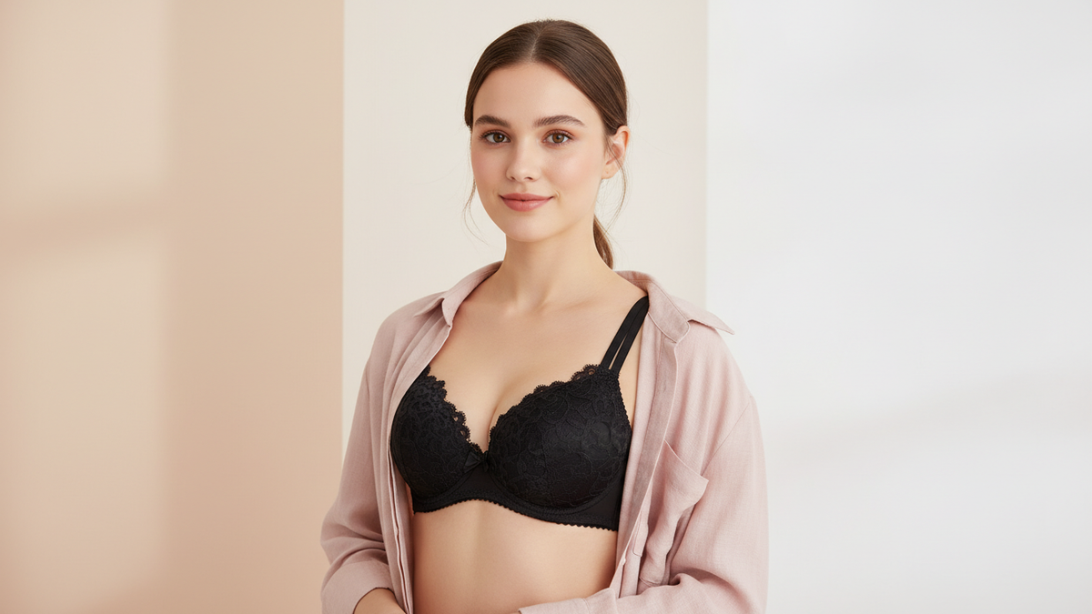 Double Stripped Single Padded Floral Design Bra & Panty Set